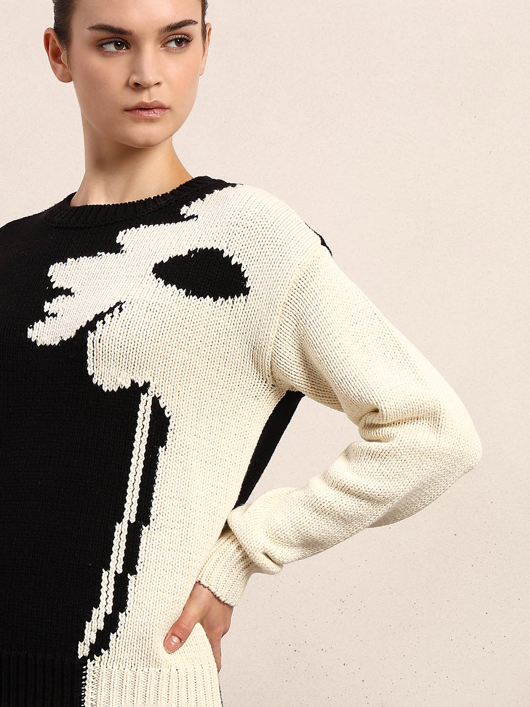 【Andequal】bicolor 2way knit Dual Tone O-Neck Pullover - Black
