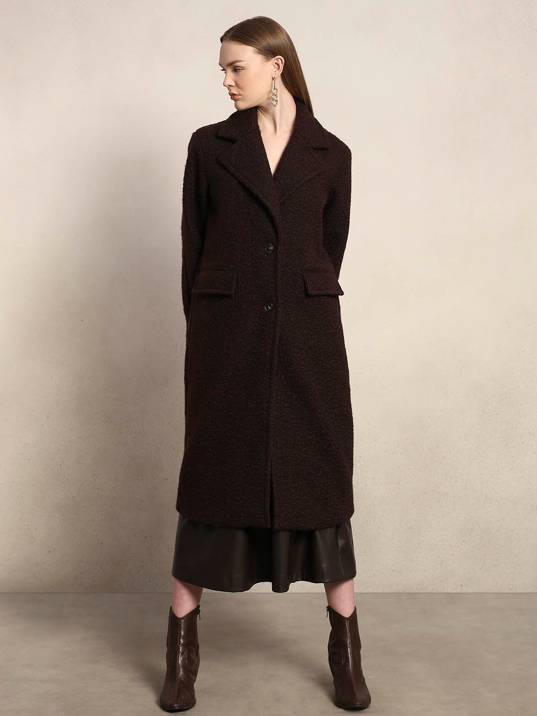 Longline Textured Coat - Brown