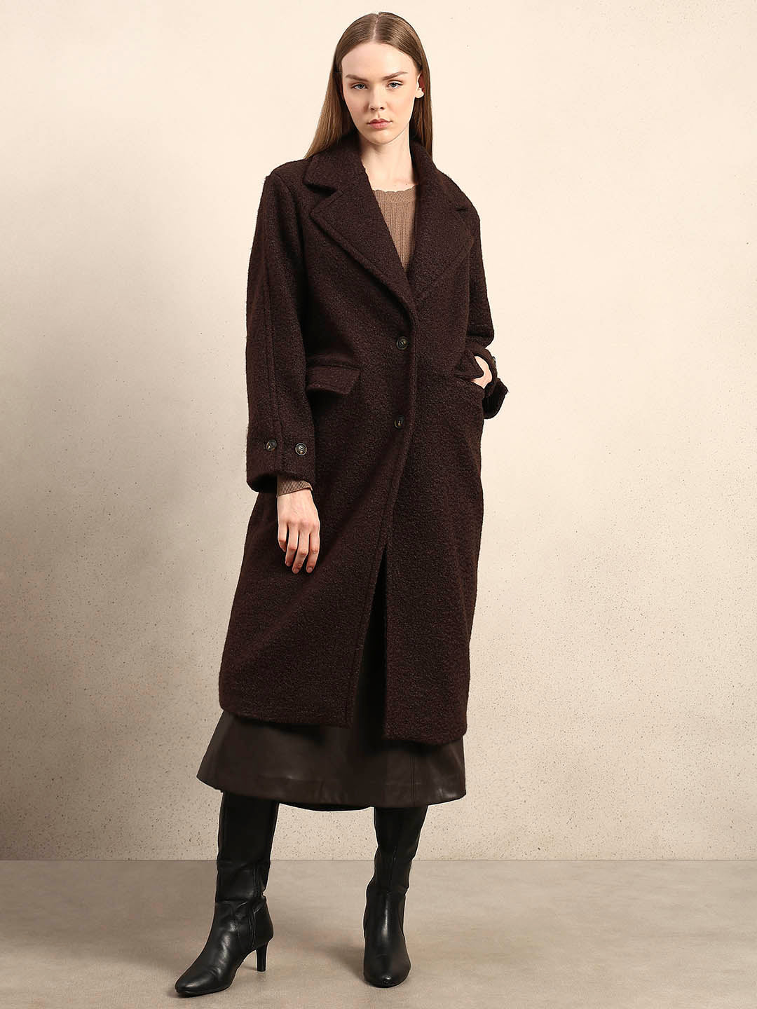 Longline Textured Coat - Brown