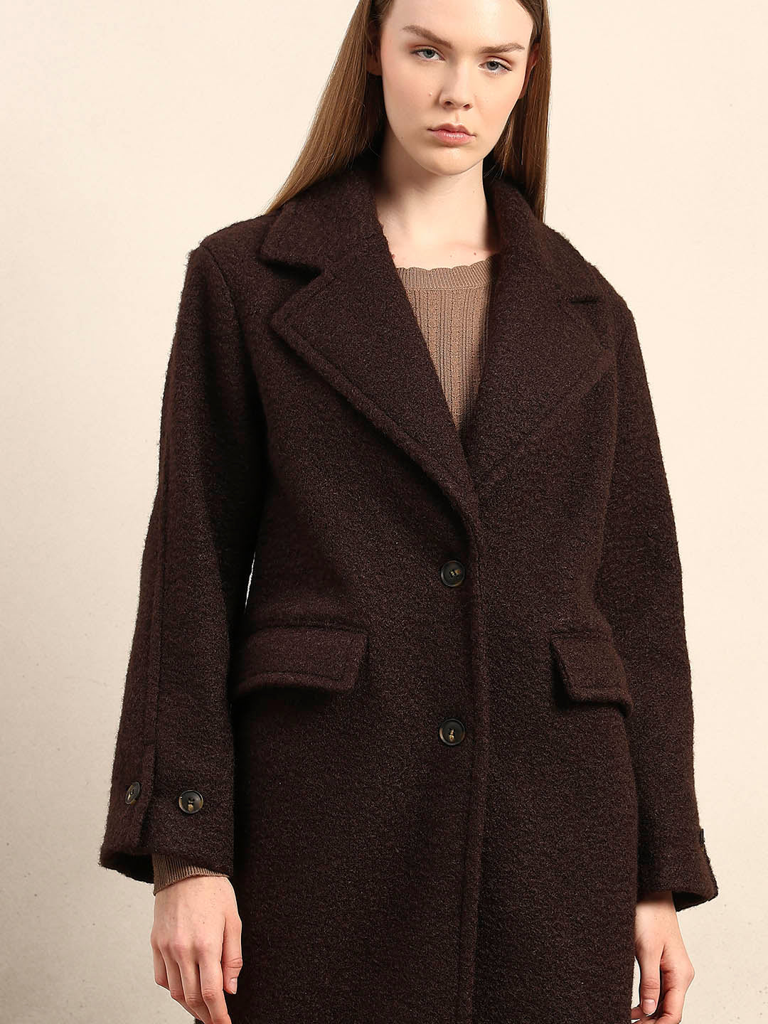 Longline Textured Coat - Brown