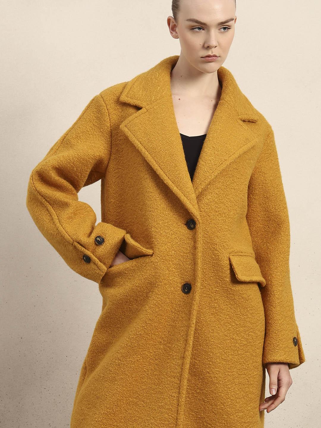 Longline Textured Coat - Yellow