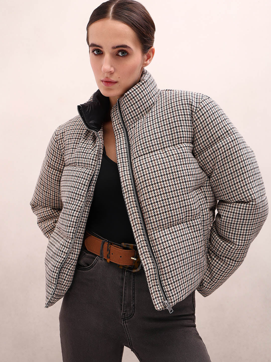 Brown houndstooth Puffer Jacket