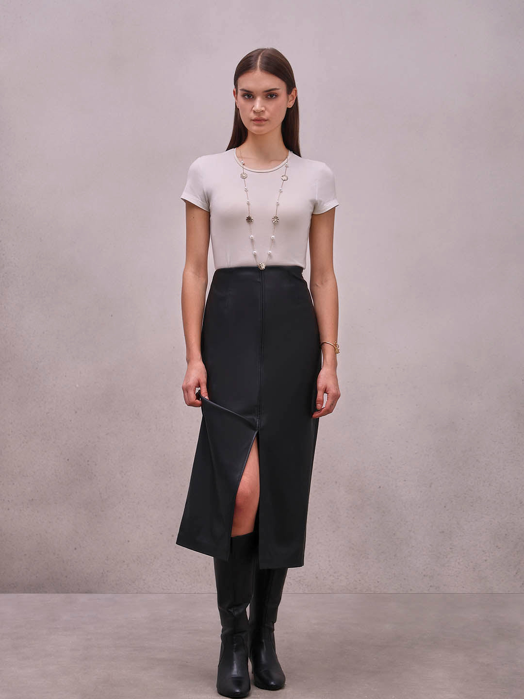 Faux Leather Front Slit Midi Skirt