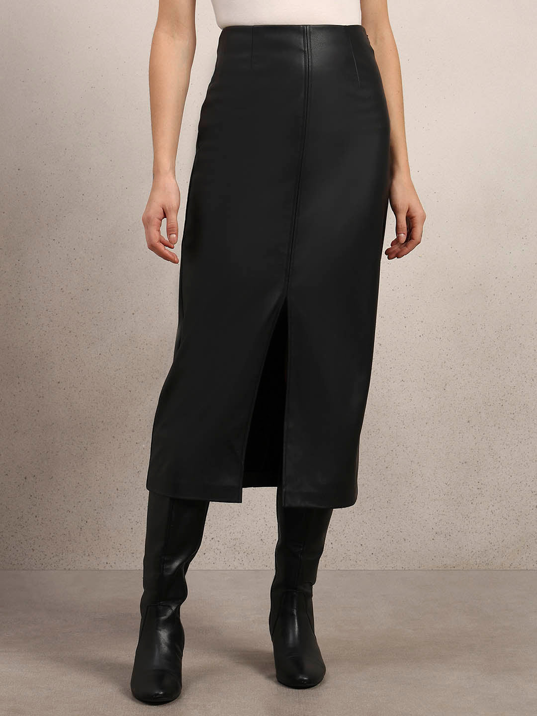 Faux Leather Front Slit Midi Skirt