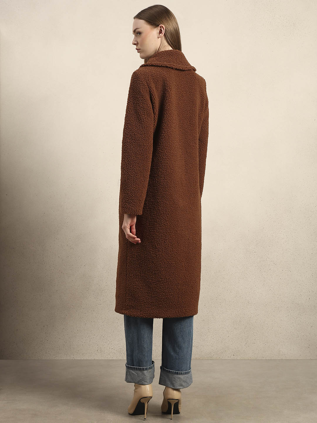 Brown Bouclé Double-Breasted Coat