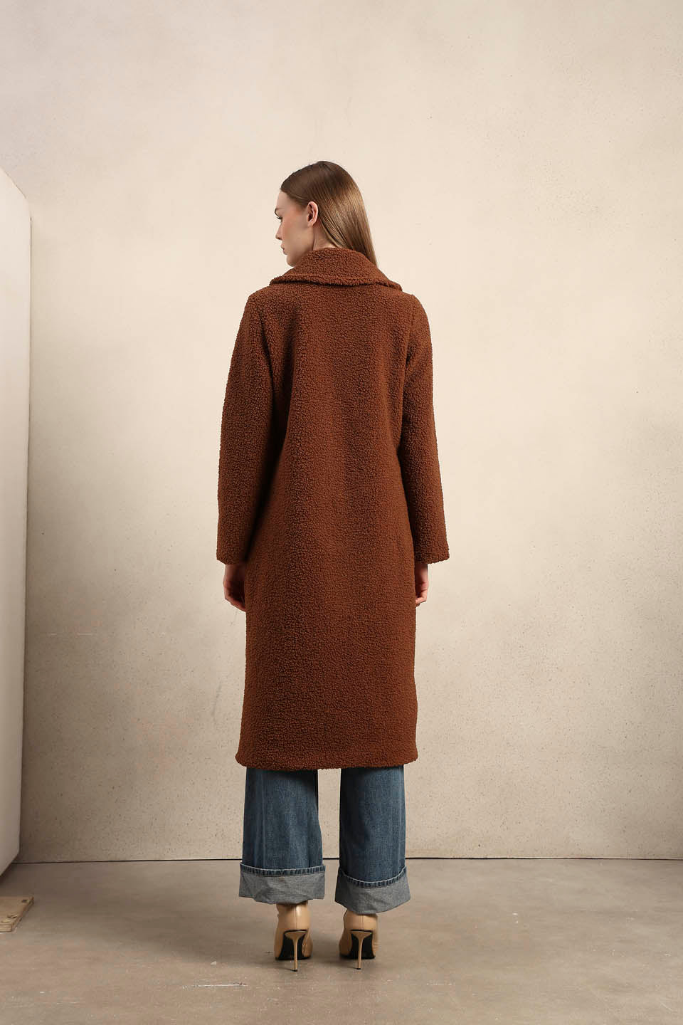 Brown Bouclé Double-Breasted Coat