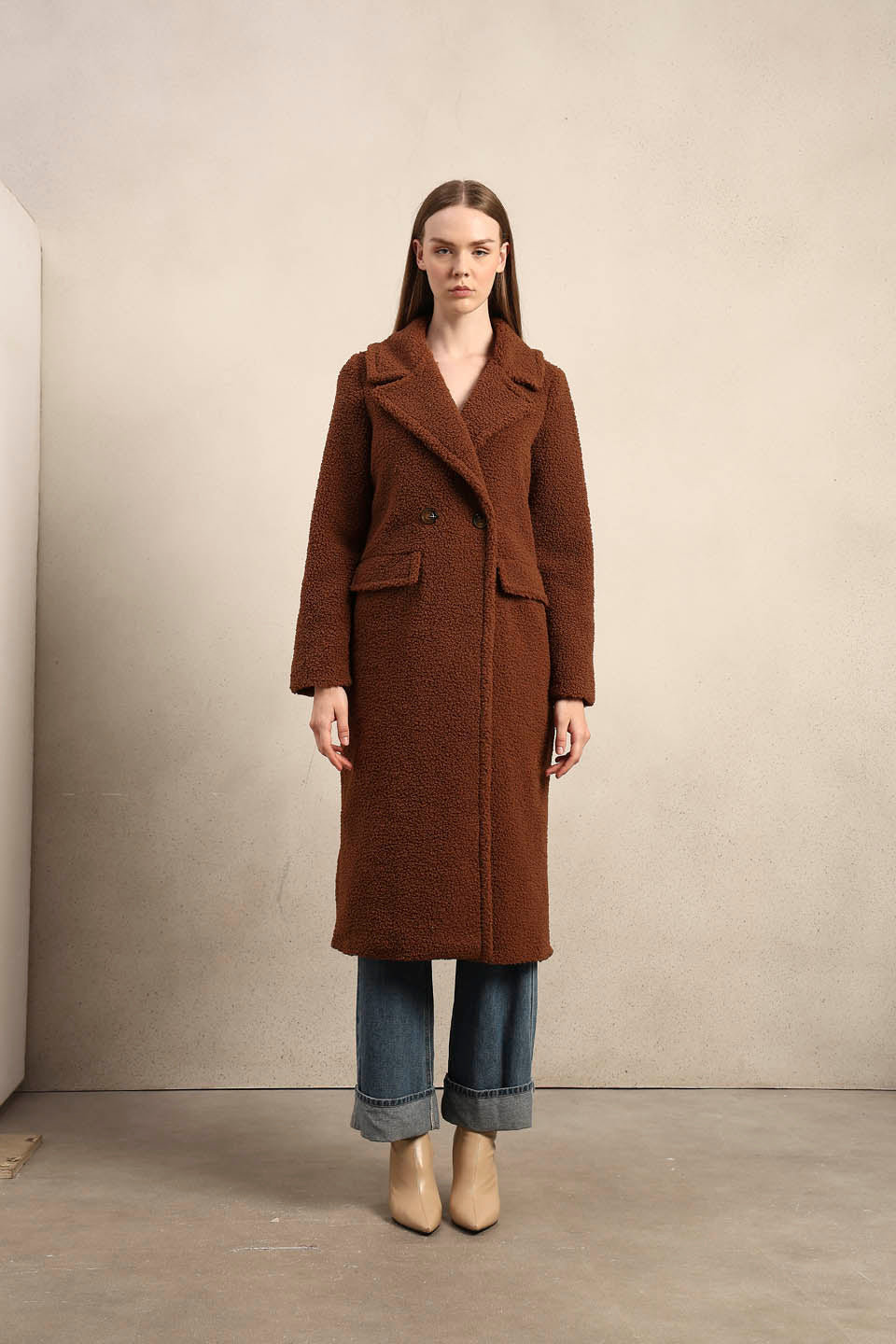 Brown Bouclé Double-Breasted Coat