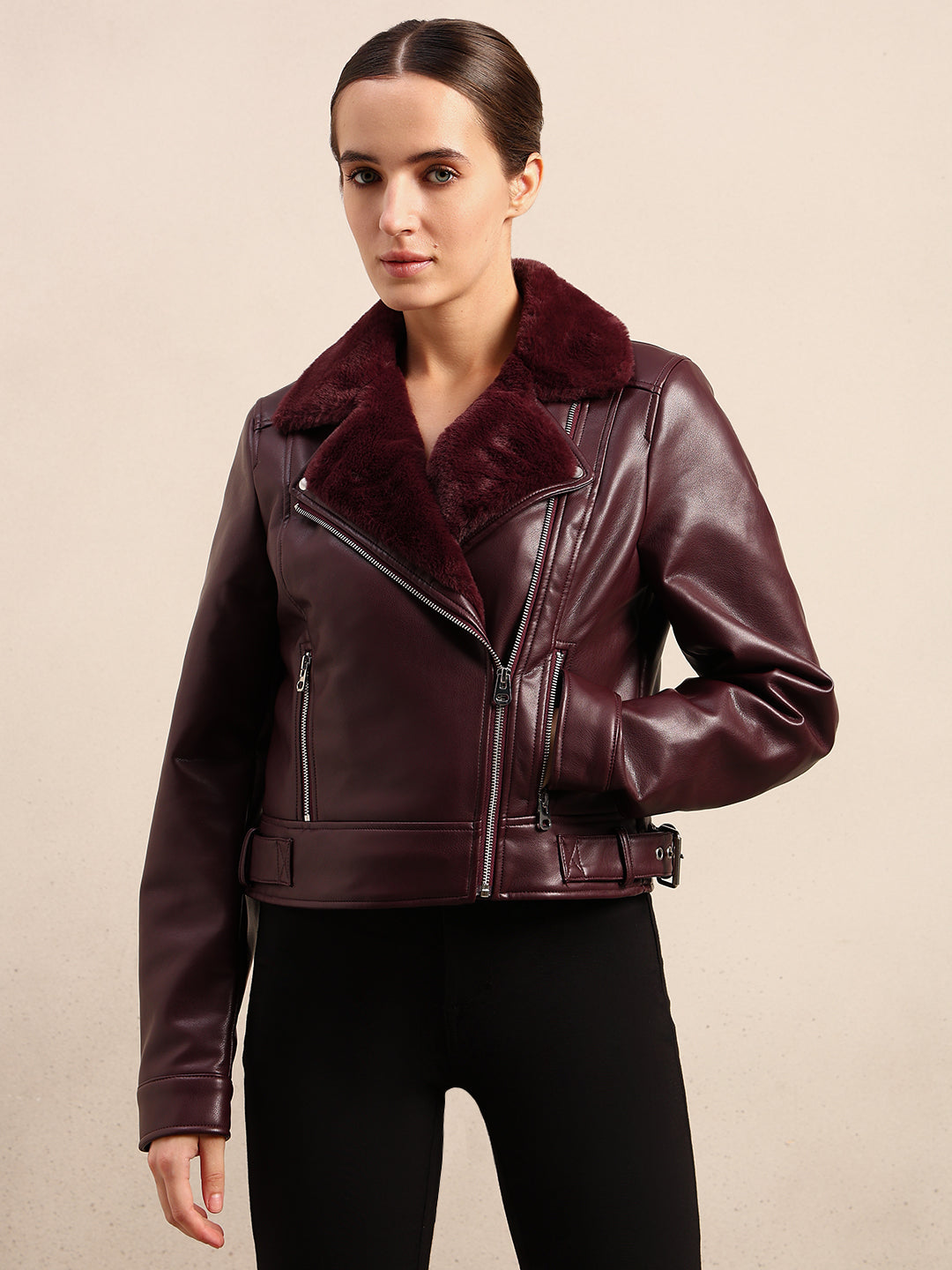 Maroon Coated Biker Jacket