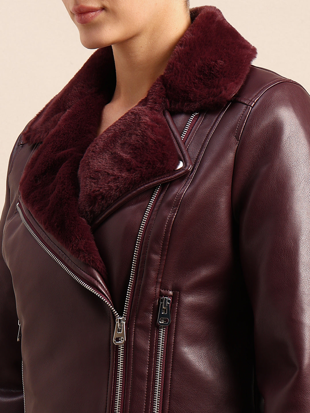 Maroon Coated Biker Jacket
