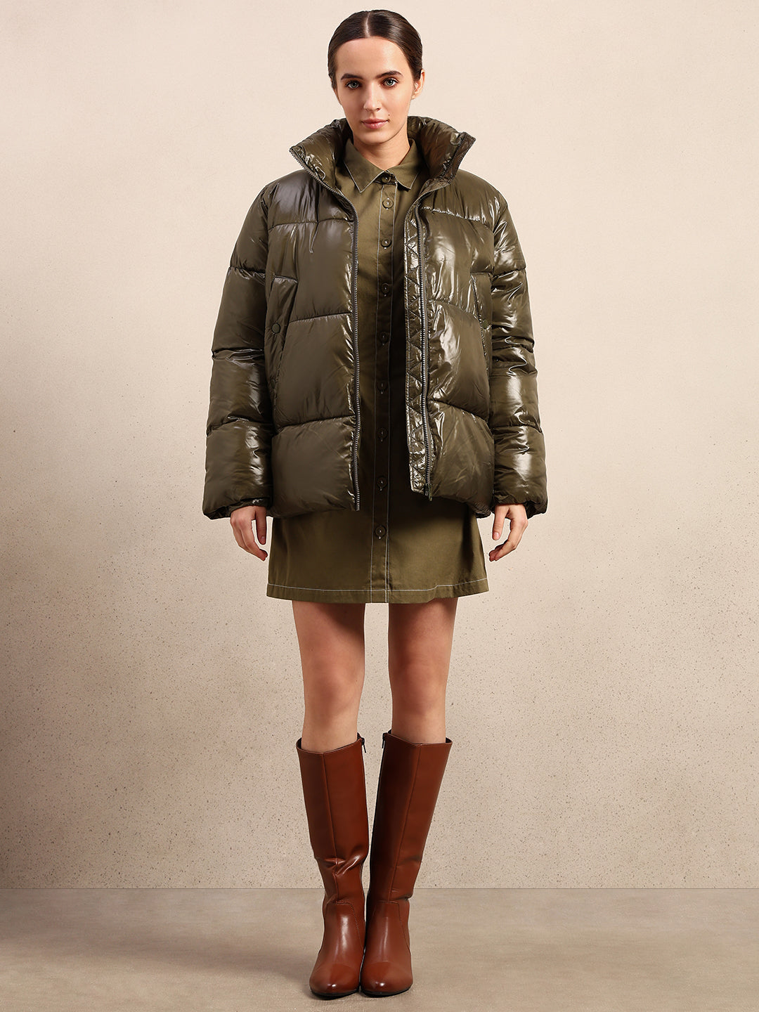 Olive Green Short Puffer Jacket