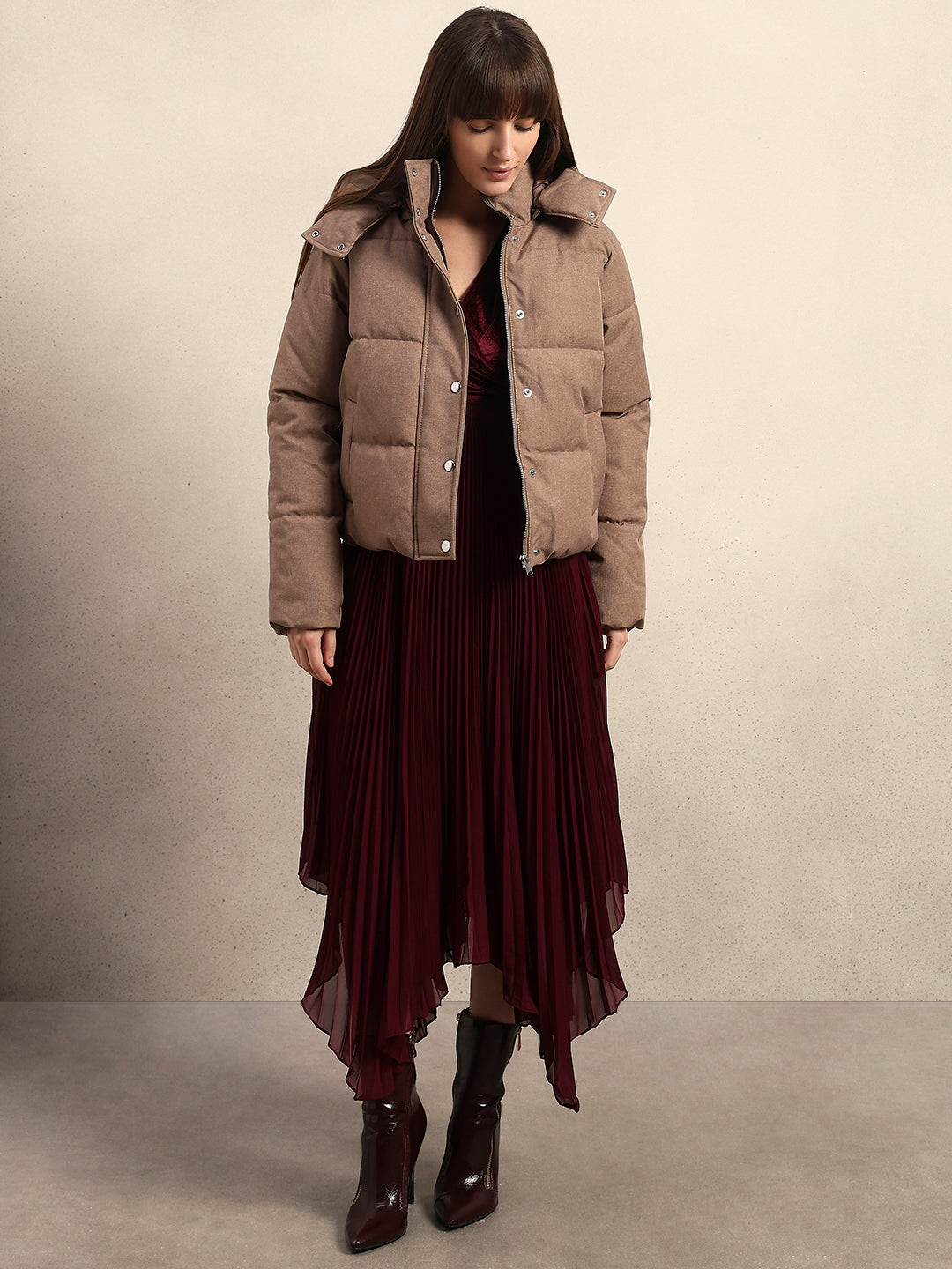 Taupe Hooded Puffer Jacket