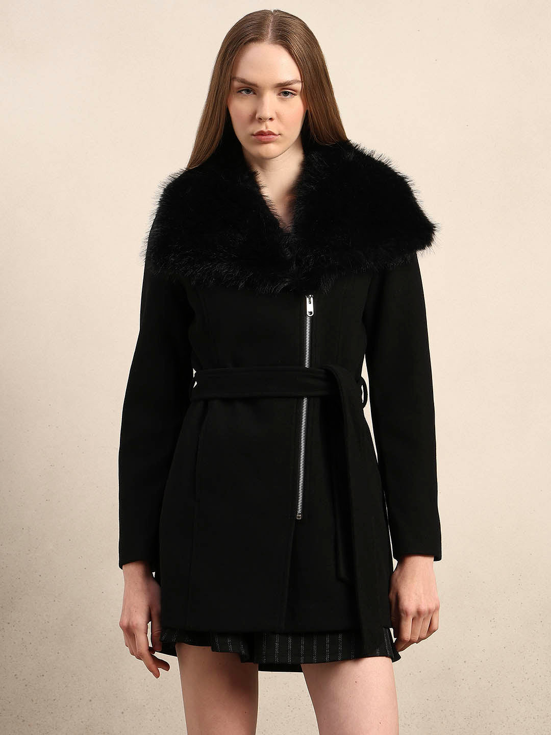 Faux Fur Collar Belted Coat