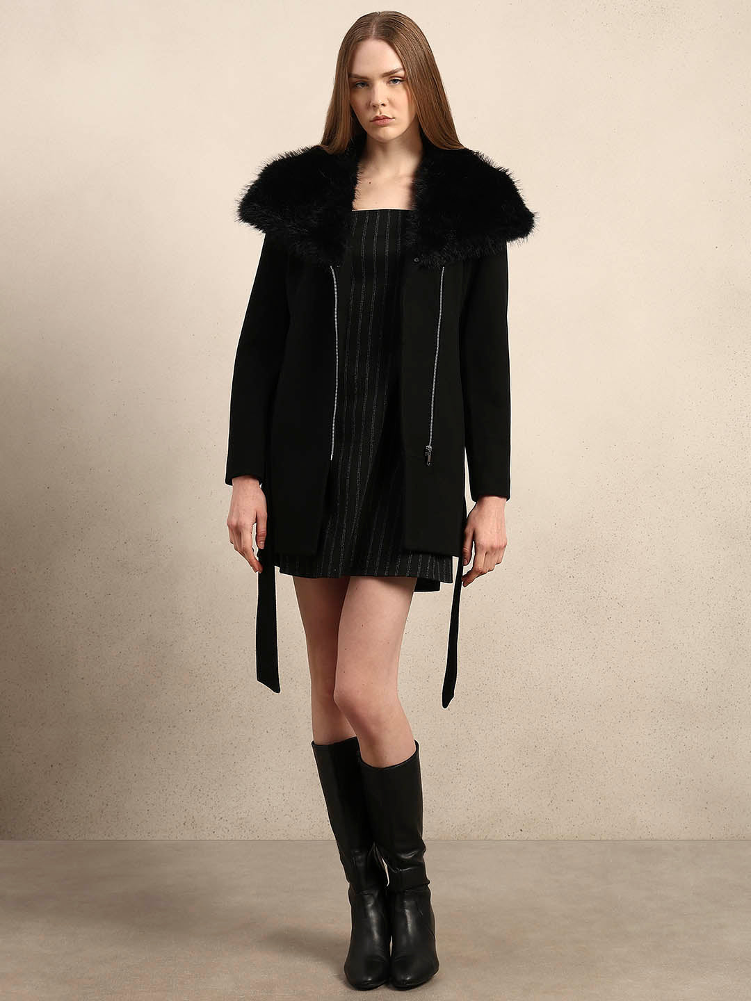 Faux Fur Collar Belted Coat