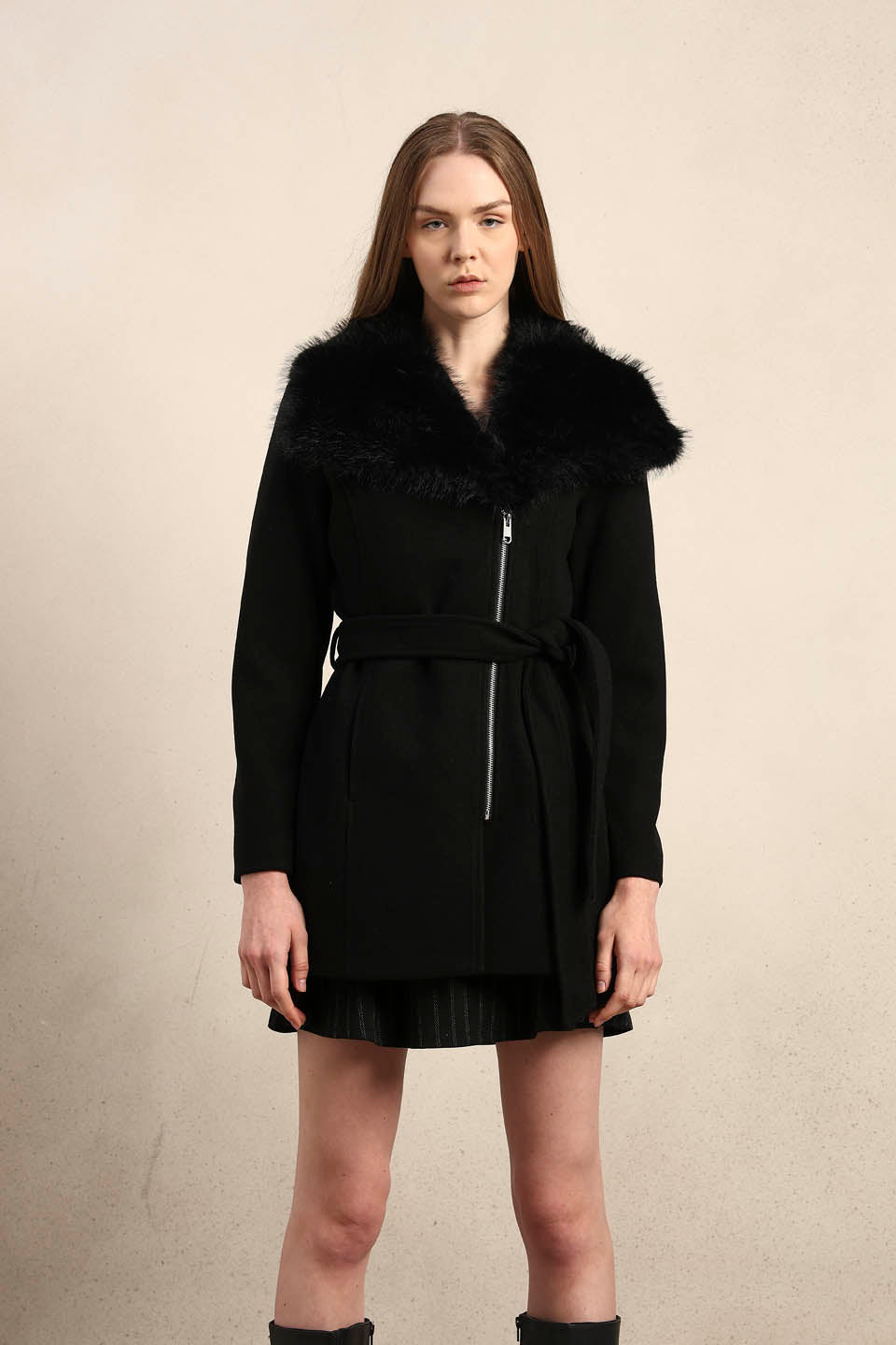 Faux Fur Collar Belted Coat