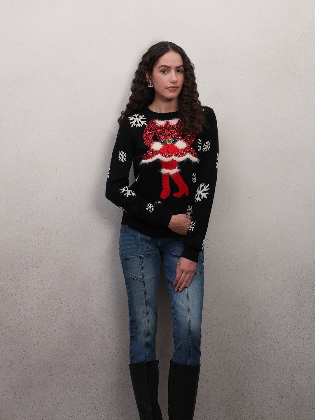Embellished Print Christmas Pullover - L