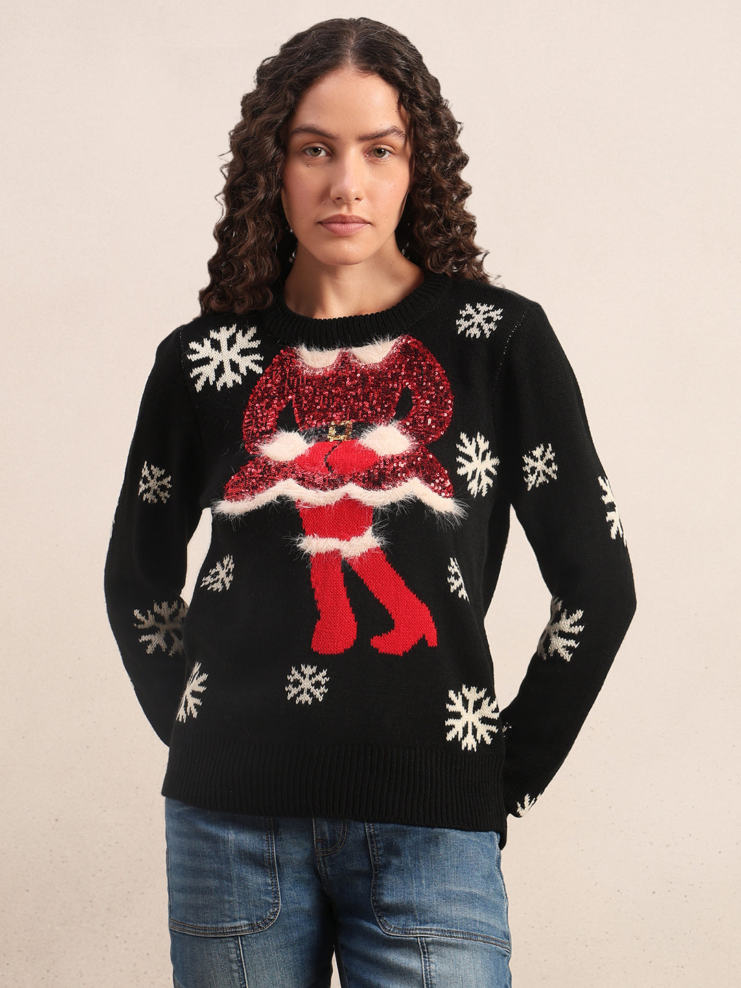Embellished Print Christmas Pullover