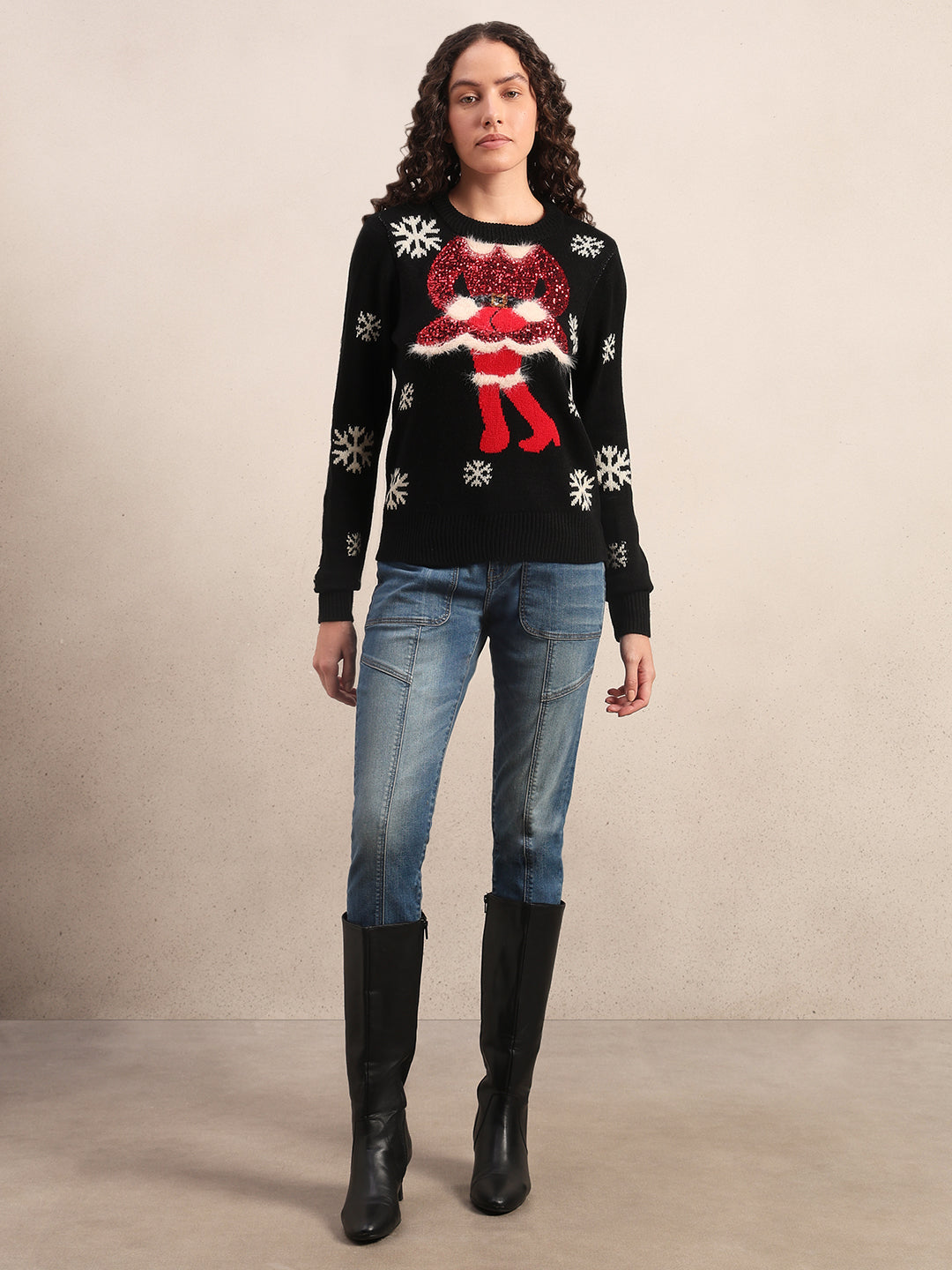 Embellished Print Christmas Pullover
