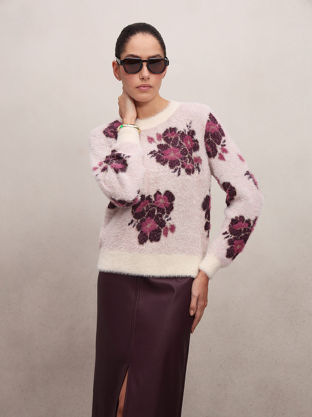 Floral Fuzzy O-Neck Pullover