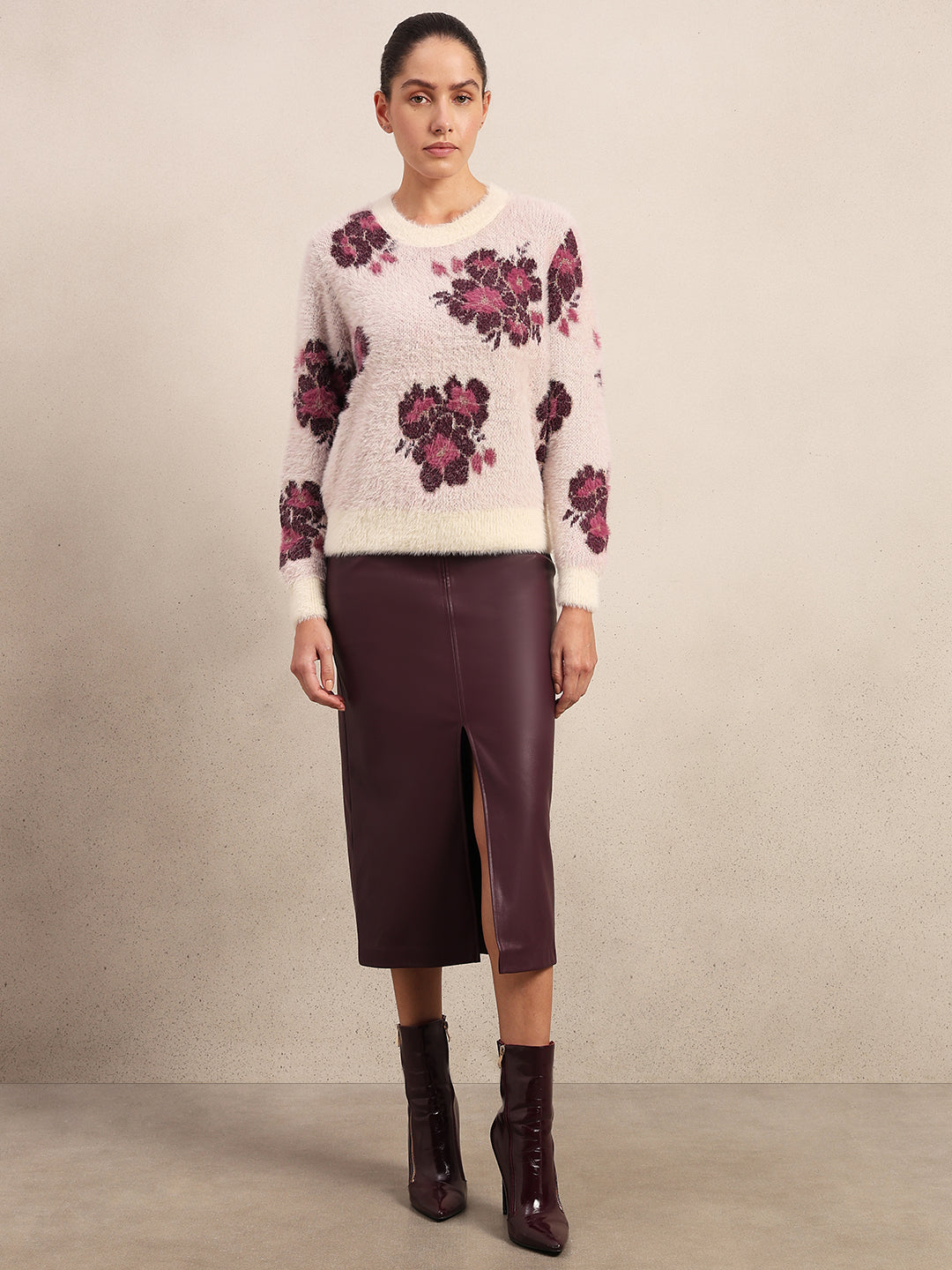 Floral Fuzzy O-Neck Pullover