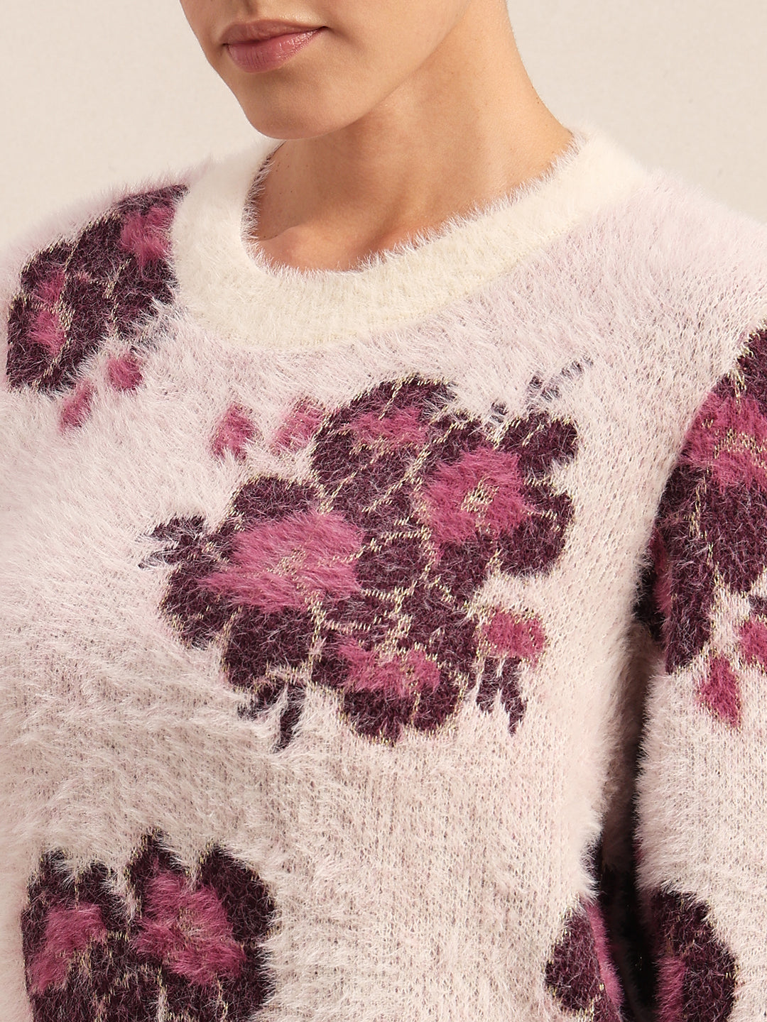 Floral Fuzzy O-Neck Pullover