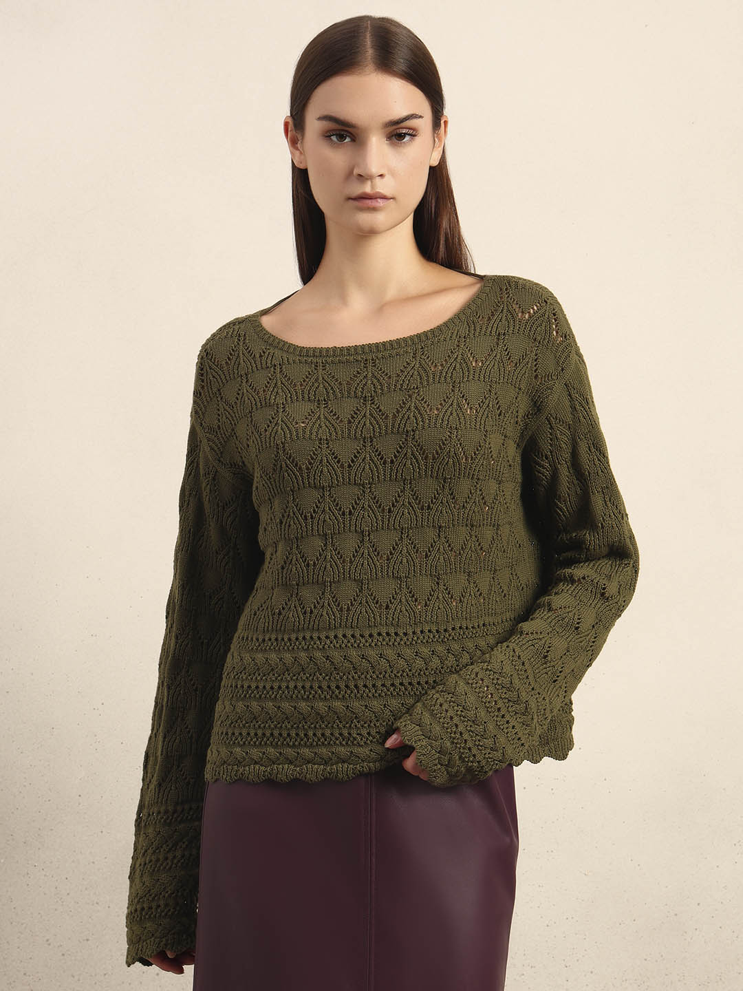 Olive Green Open-Knit Pullover