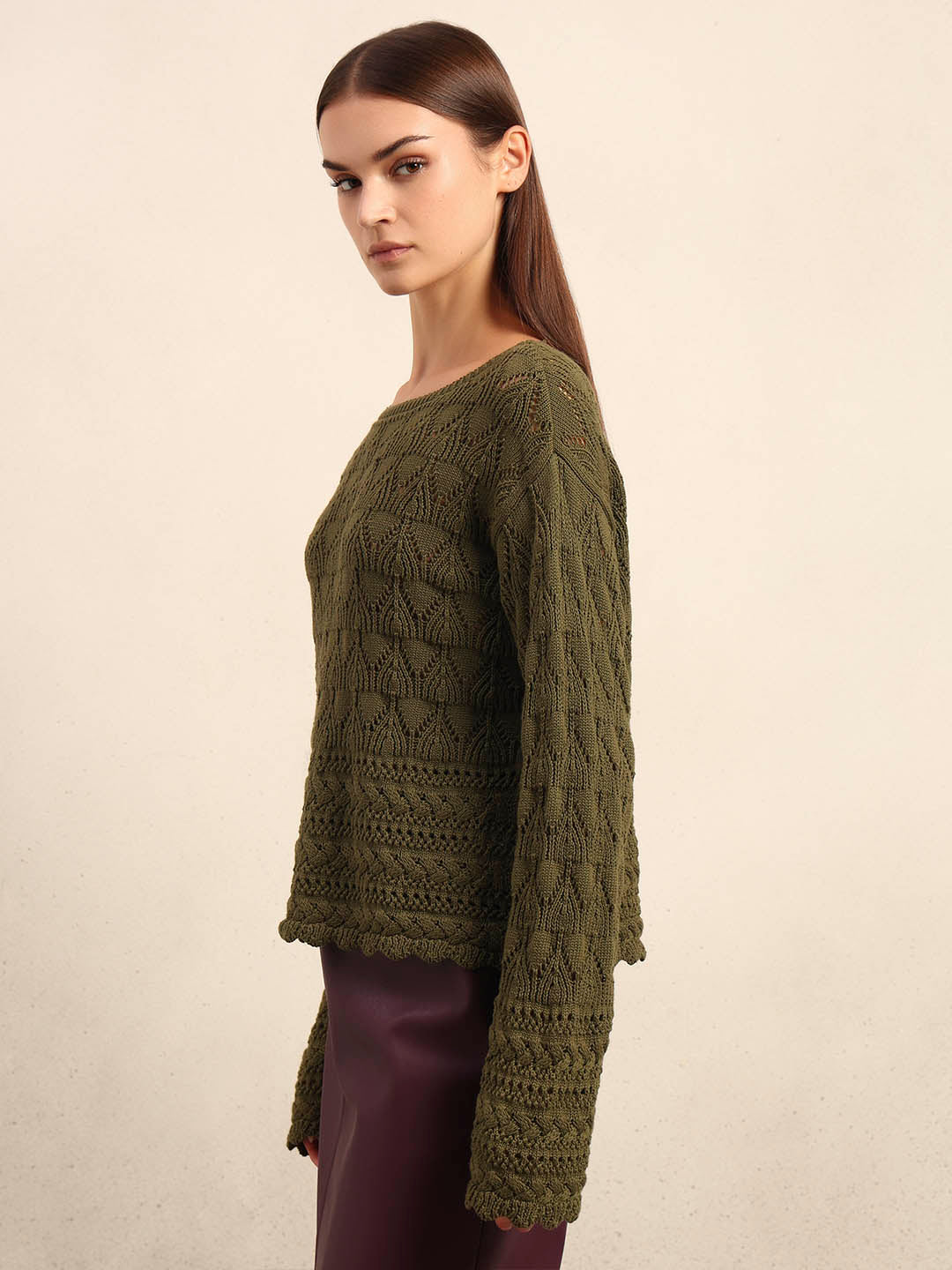 Olive Green Open-Knit Pullover