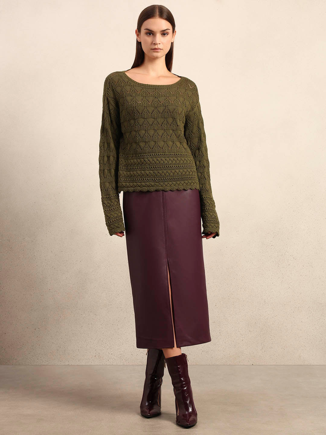 Olive Green Open-Knit Pullover