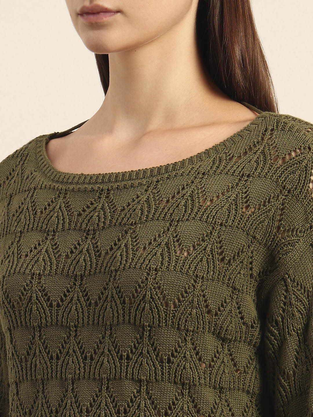 Olive Green Open-Knit Pullover