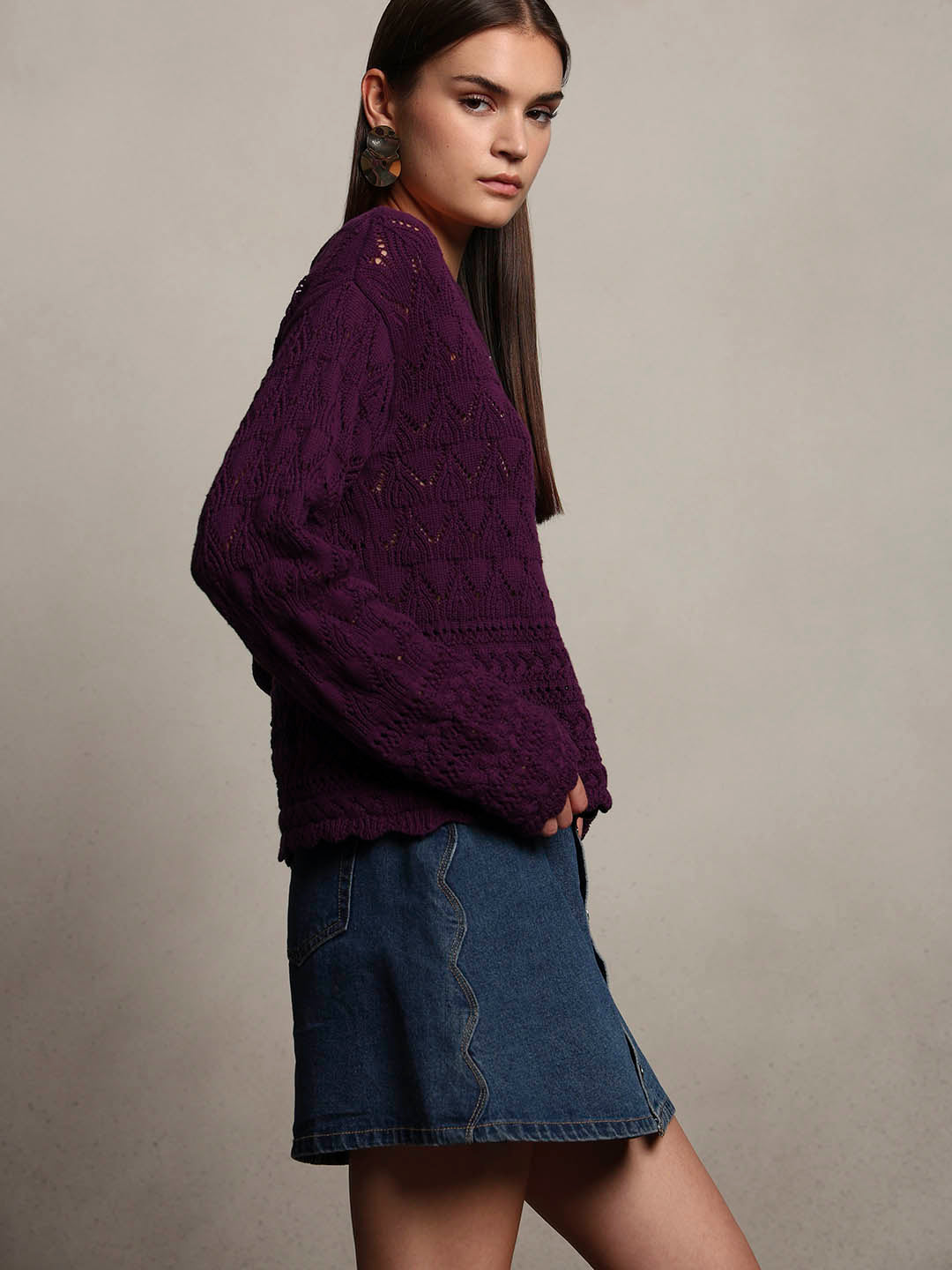 Dark Purple Open-Knit Pullover