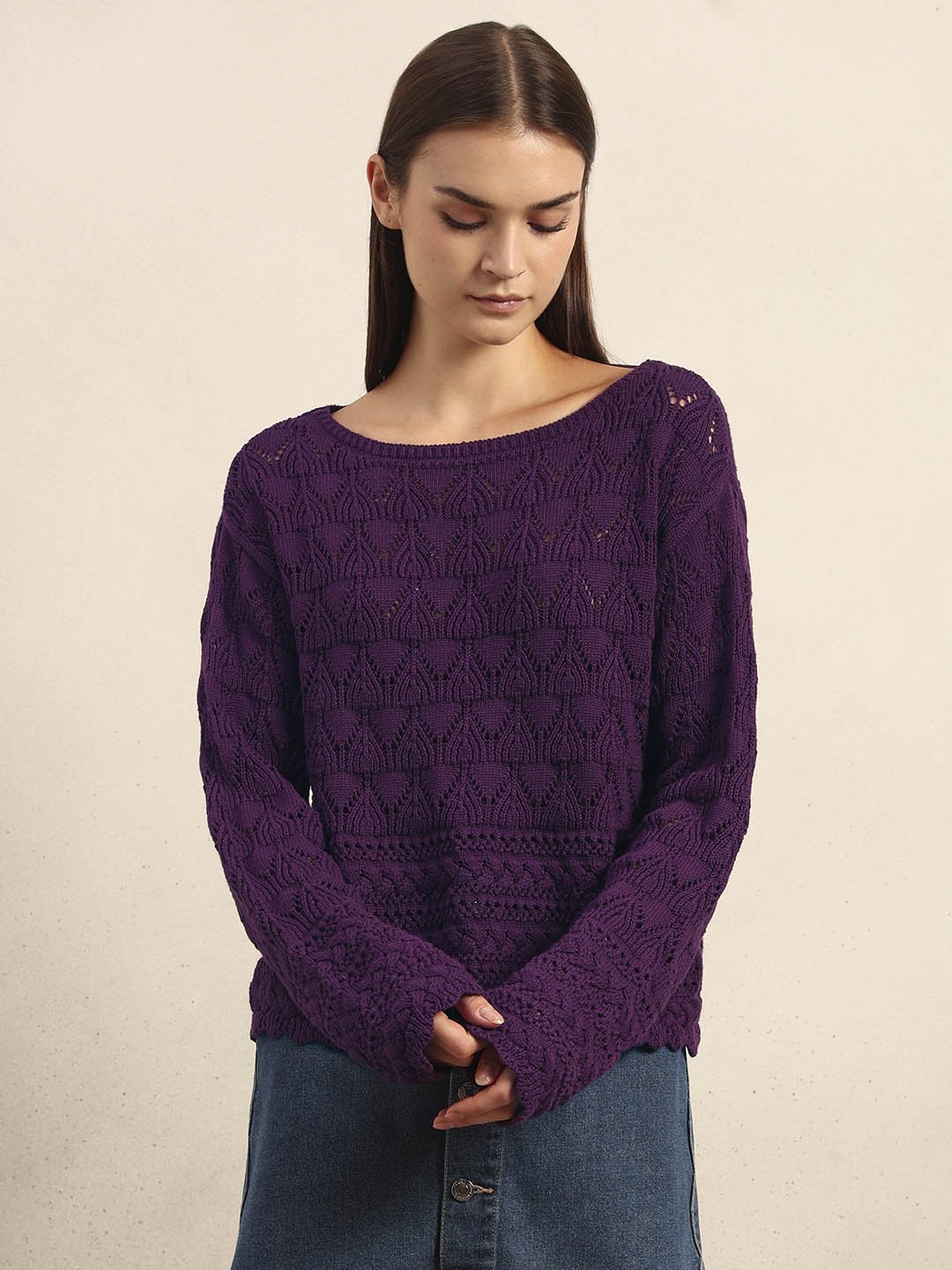 Dark Purple Open-Knit Pullover