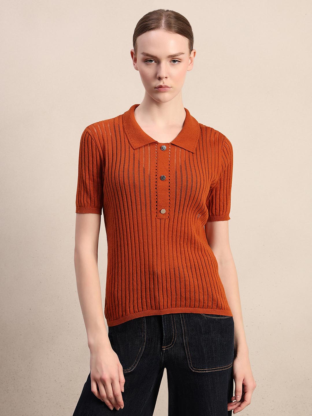 moca　SHOULDER PADS POLO KNIT TOPS Brown Knitted Polo