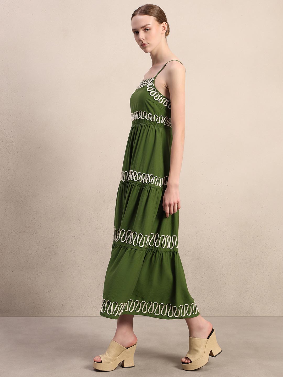 Green Contrast Ribbon Detail Dress