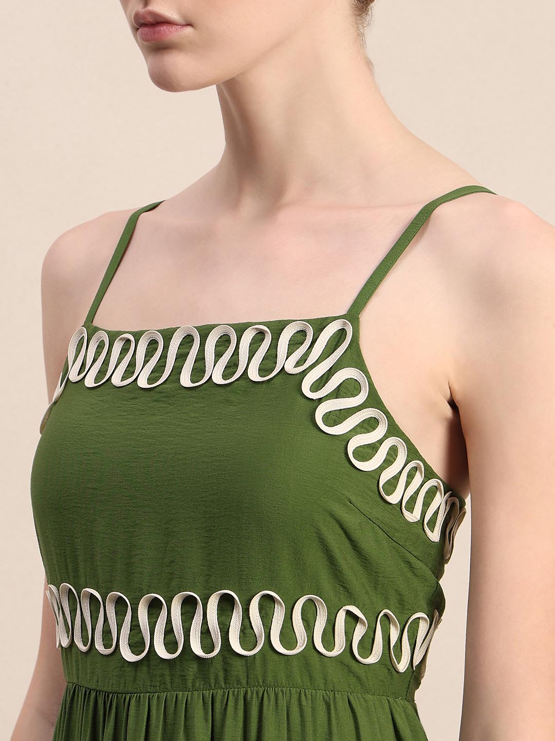 Green Contrast Ribbon Detail Dress