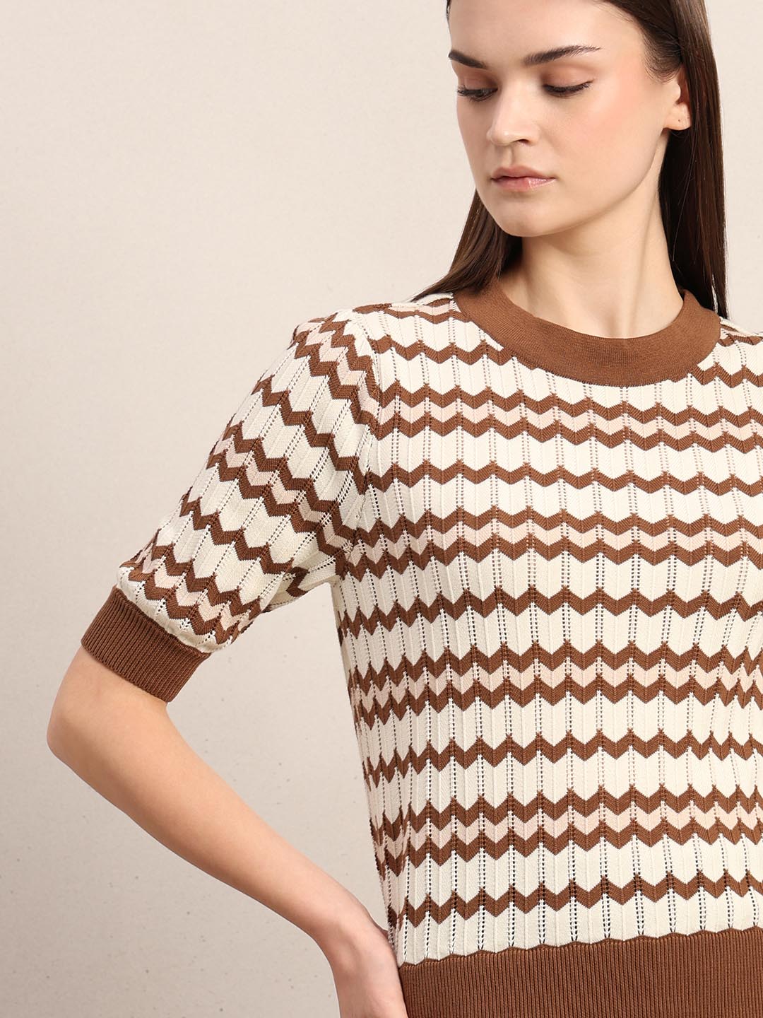 Ecru & Brown Knitted Top