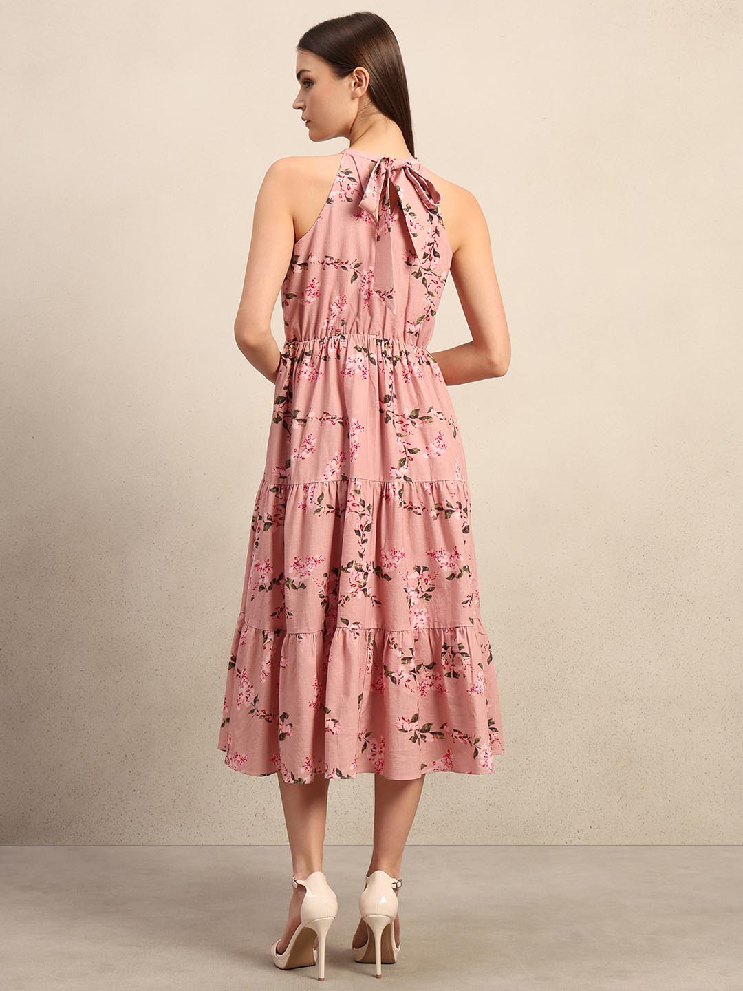 Pink Floral Print Midi Dress