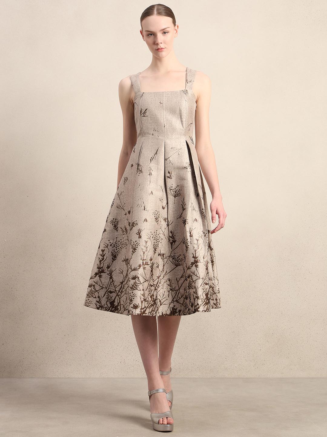 Beige Printed Smocked Midi Dress