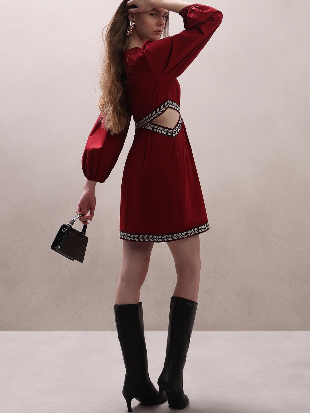 Red Puff Sleeves Mini Dress