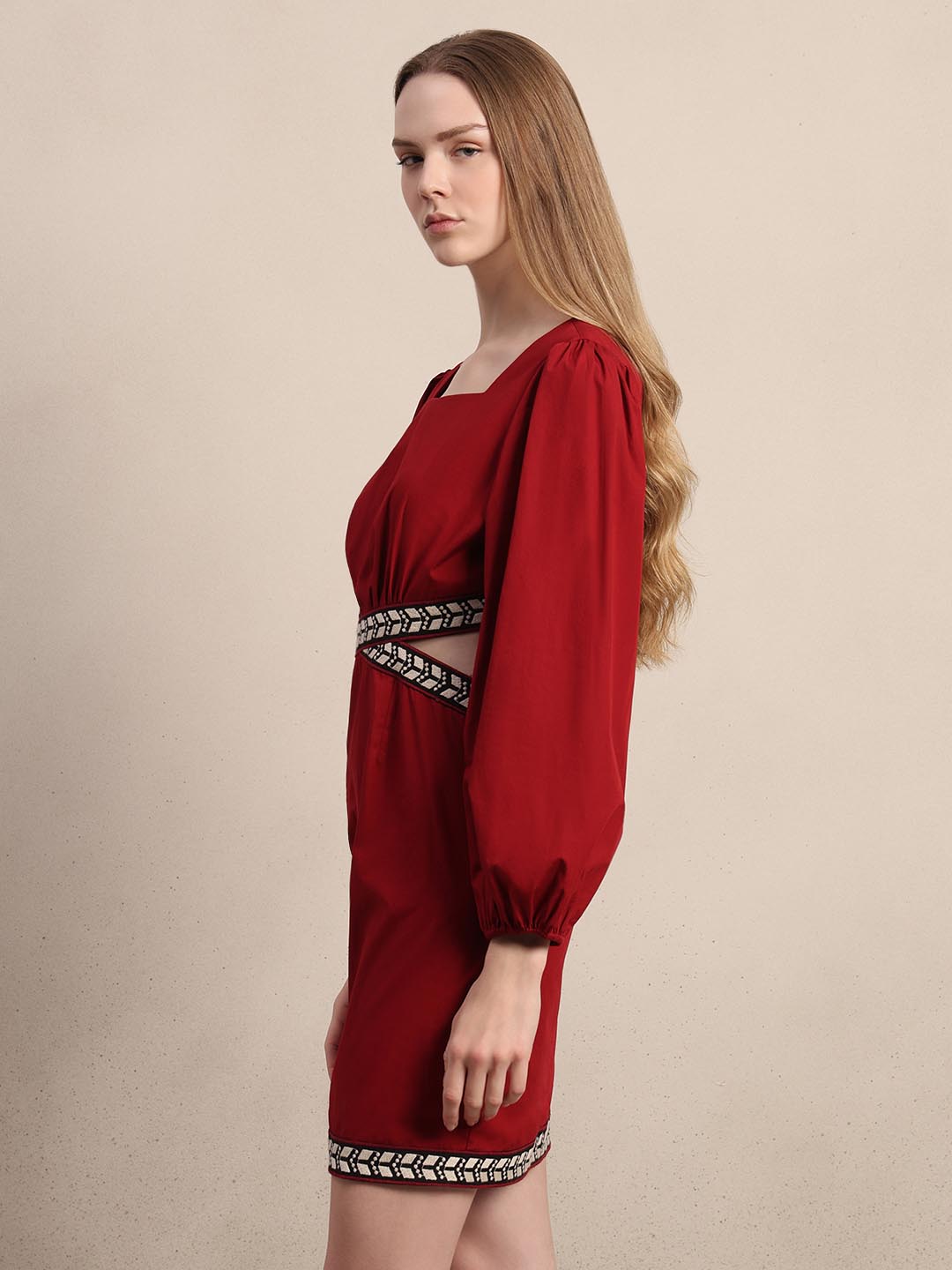 Red Puff Sleeves Mini Dress
