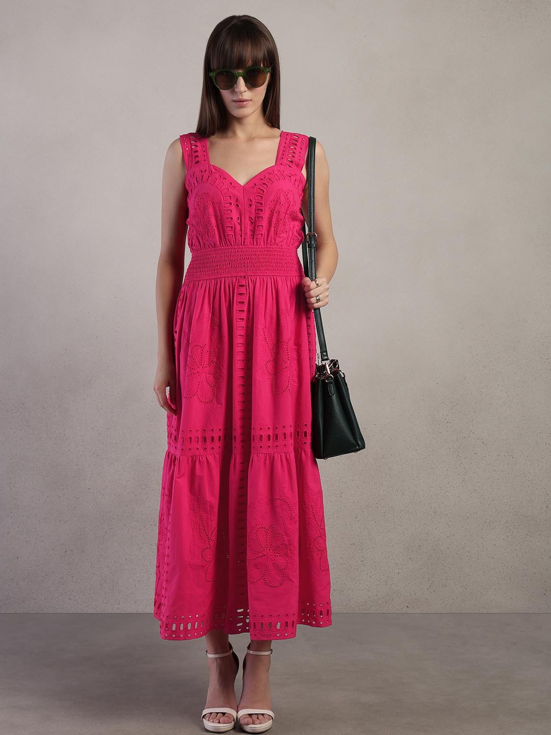 Pink Schiffli Cotton Midi Dress
