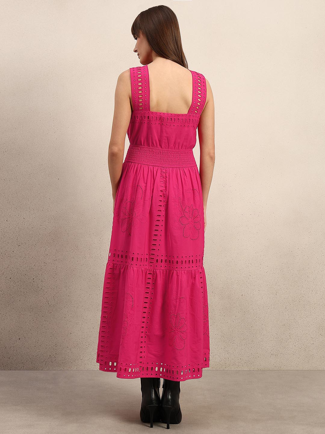 Pink Schiffli Cotton Midi Dress