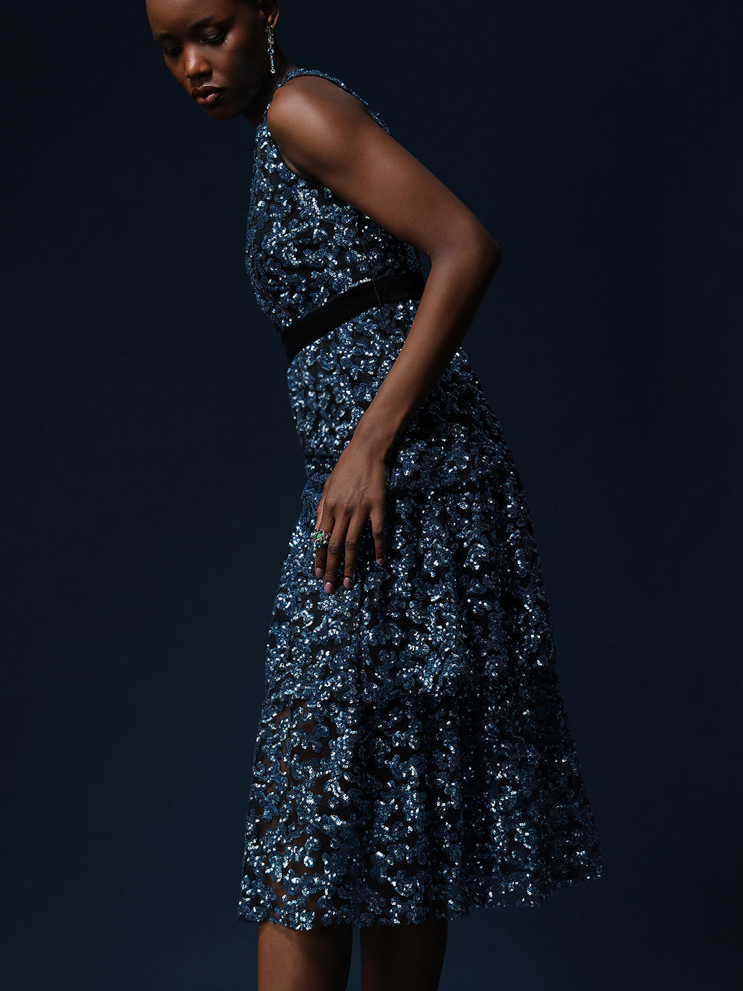 Marquee Sequined Tiered Midi Dress