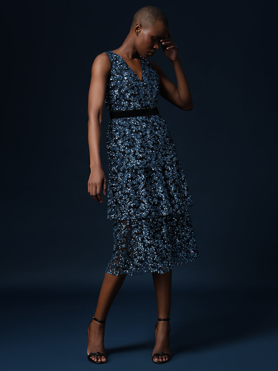 Marquee Sequined Tiered Midi Dress