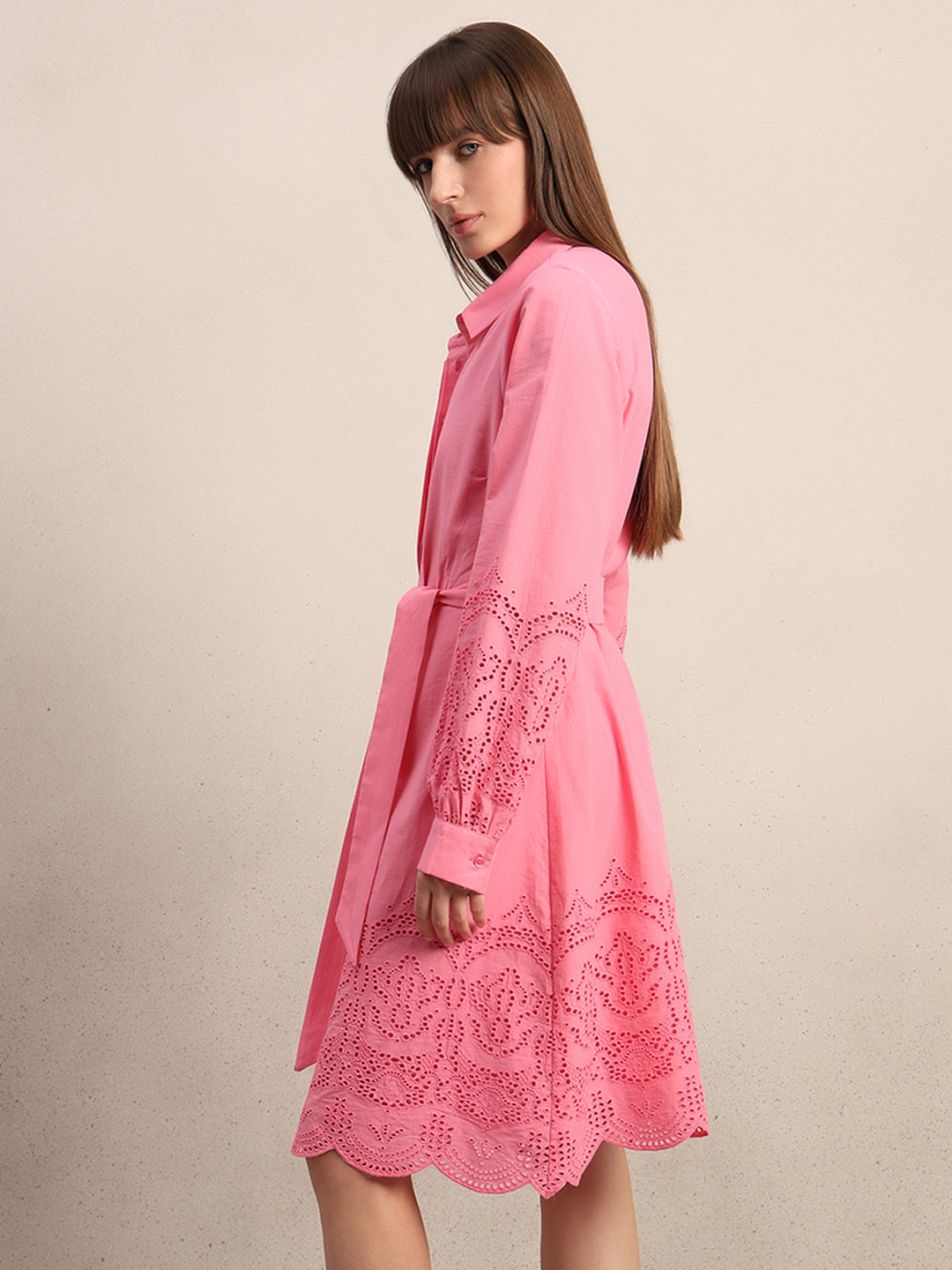 Embroidered Belted Shirt Dress