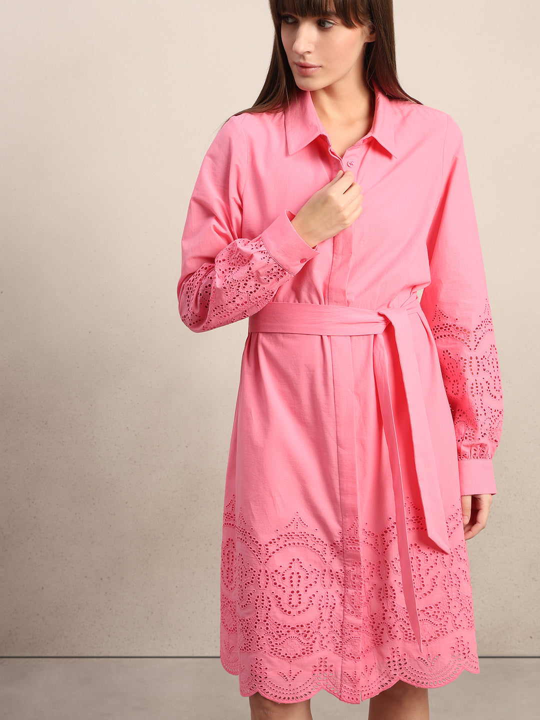 Embroidered Belted Shirt Dress