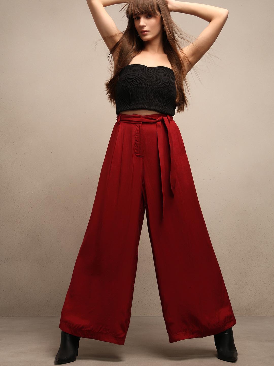 Red High Rise Wide Leg Pants