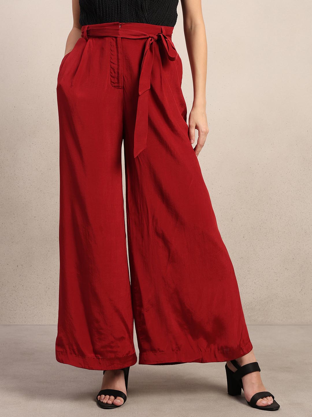 Red High Rise Wide Leg Pants