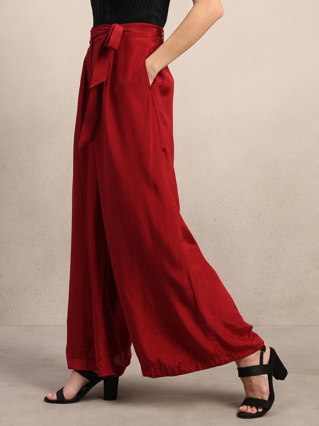 Red High Rise Wide Leg Pants