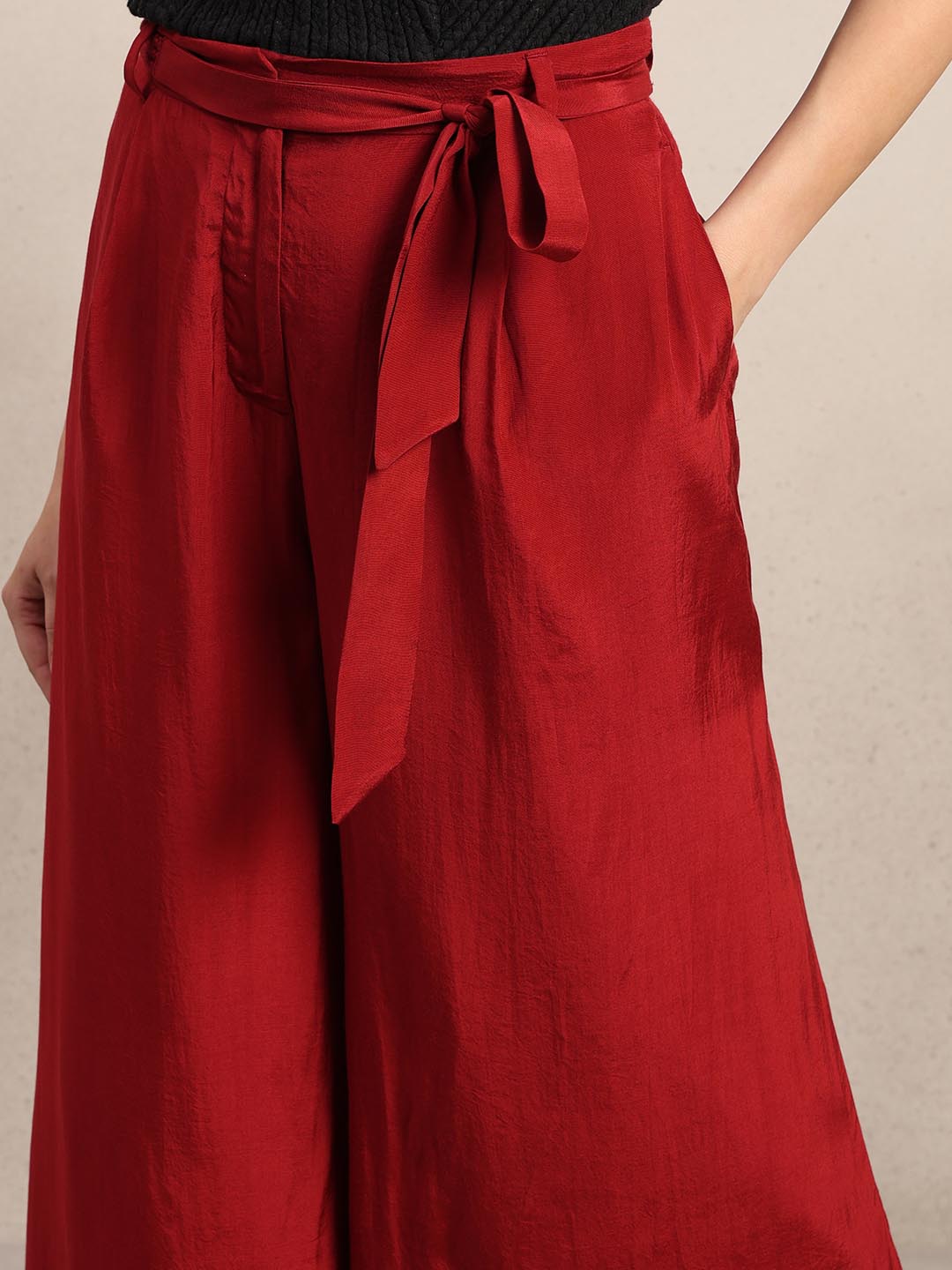 Red High Rise Wide Leg Pants