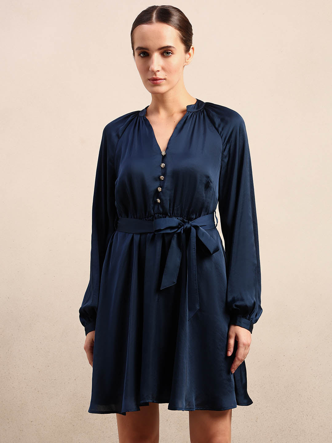 Long Sleeves Belted Mini Dress - Blue