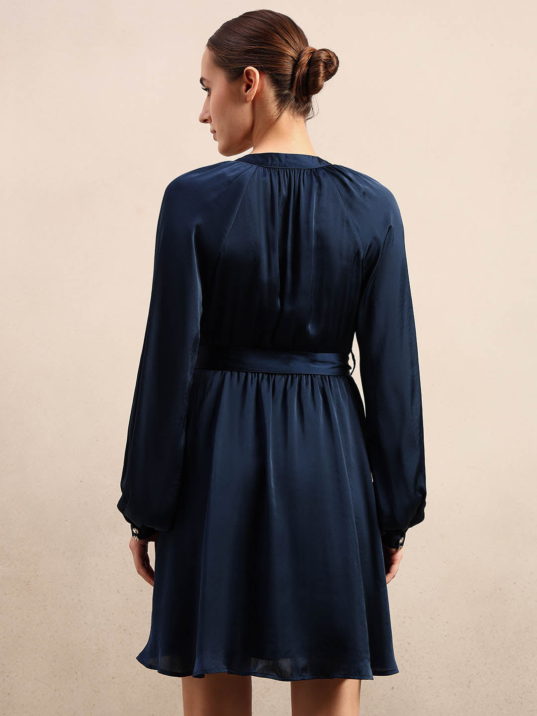 Long Sleeves Belted Mini Dress - Blue